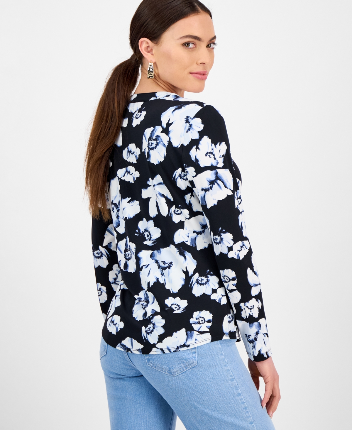 Inc International Concepts Petite Floral Button-placket Top, Exclusively At Macy's