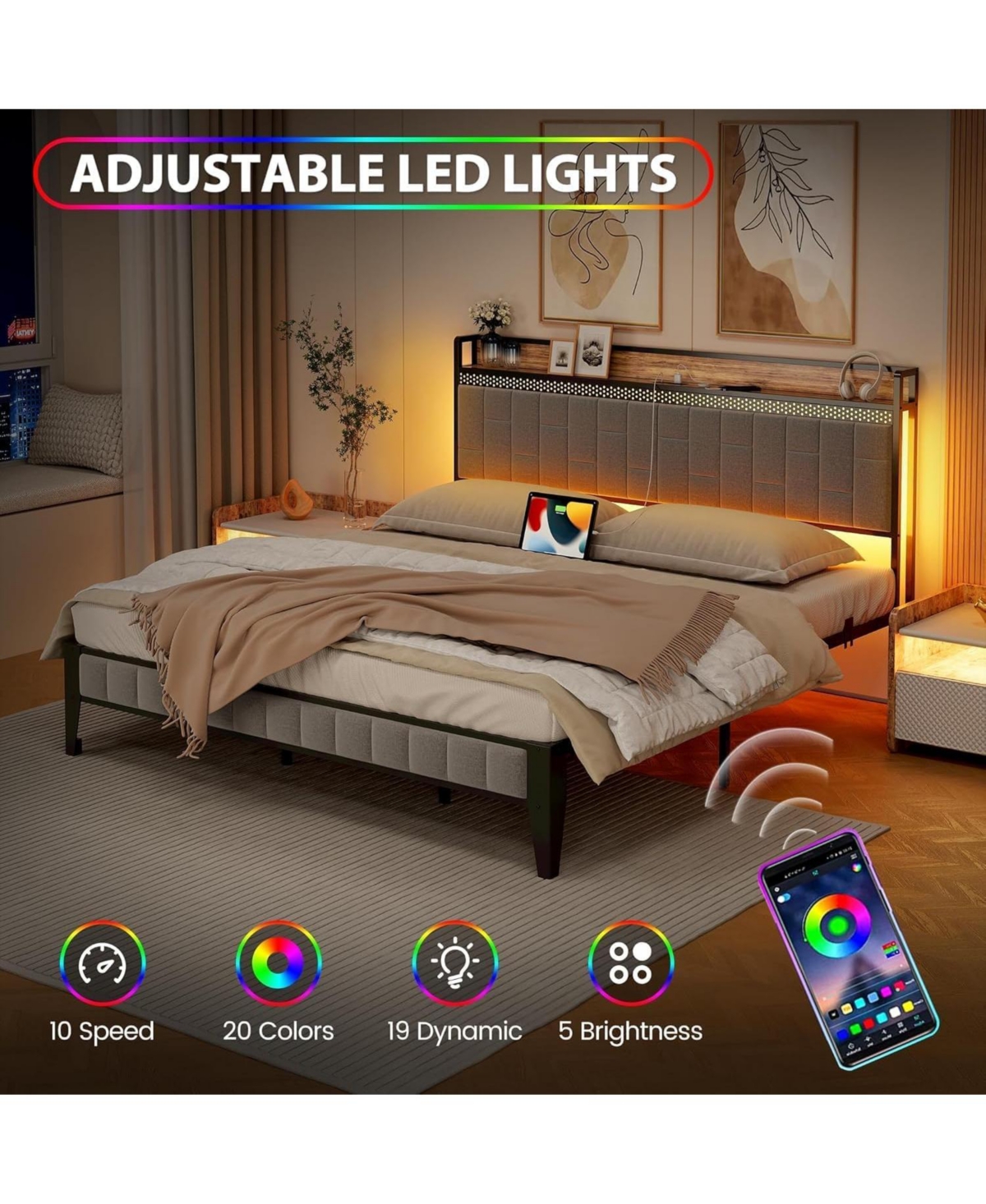 gaomon Queen Size Bed Frame with Led Light and Charging Station, Upholstered Platform Bed with Storage Headboard, Metal Slat, Noise Free, Easy Assembl