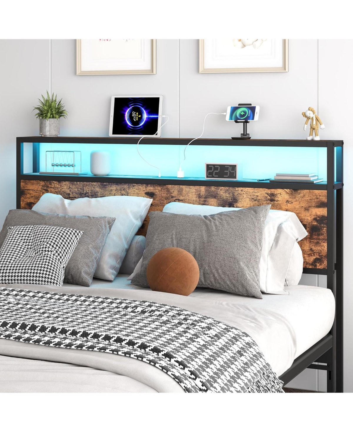 gaomon Full Size Headboard, Headboard with 2 Outlets, Led Lights and Usb Ports, Adjustable Height, Storage Rack, Sturdy and Stable, Easy Assembly, Rus