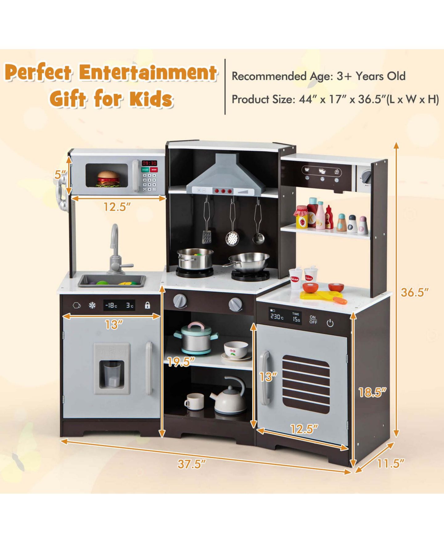Детская игрушка Costway Light-Up Wooden Pretend Play Kitchen, Ages 3+, цвет: Серый — фото 4