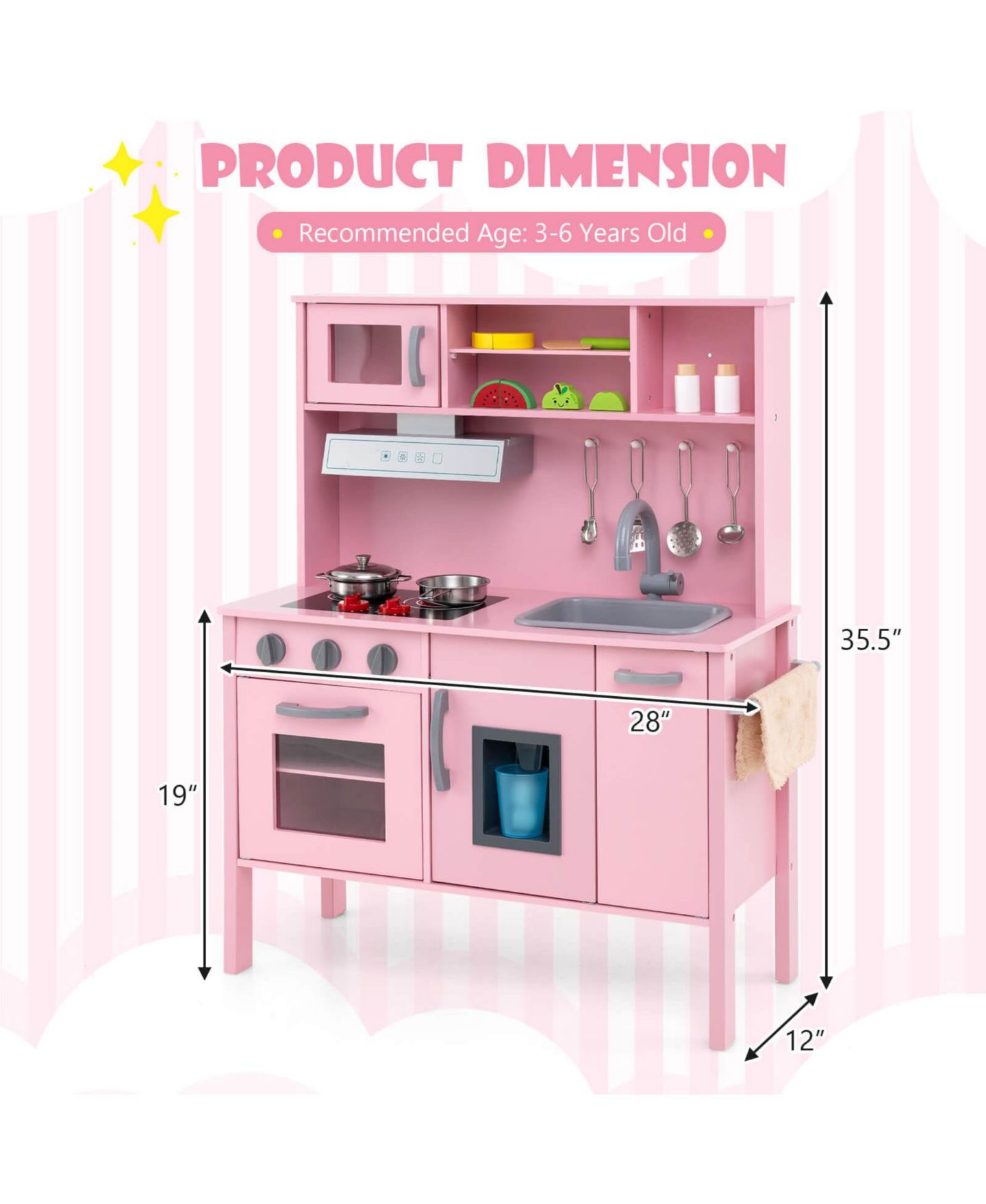 Детские игрушки Costway Chef Wooden 19-Piece Play Kitchen, Ages 3+, цвет: Розовый — фото 2