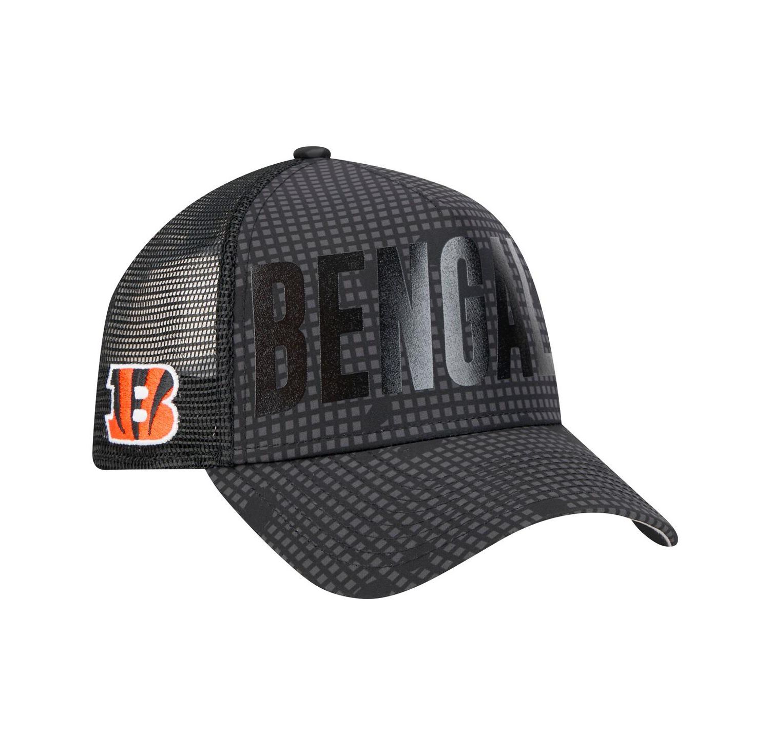 Men's Black Cincinnati Bengals Midnight Ink Tonal Text A-Frame Trucker 9FORTY Adjustable Hat