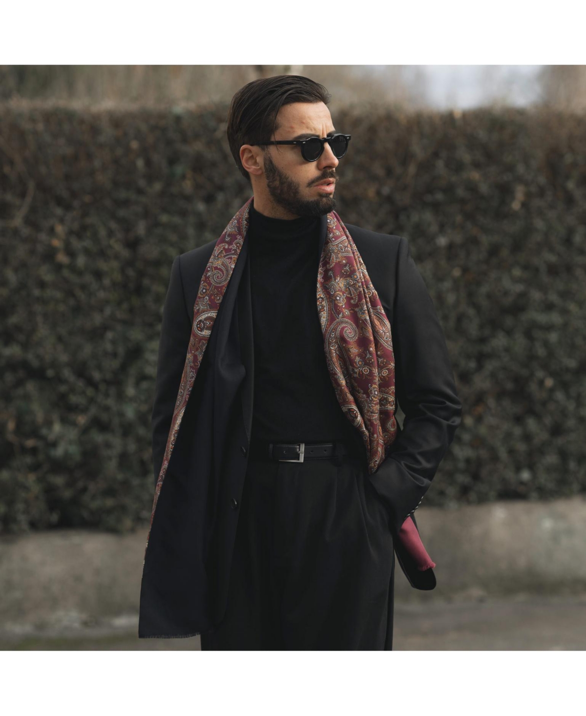 Men's Venezia - Wool Backed Silk Scarf for Men - Olive green