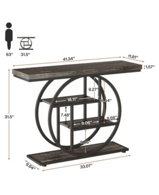 41.3" Console Table, Industrial 4-Tier Sofa Table Entryway Table with Circle Base, Narrow Wood Accent Tables with Shelves, Light Brown