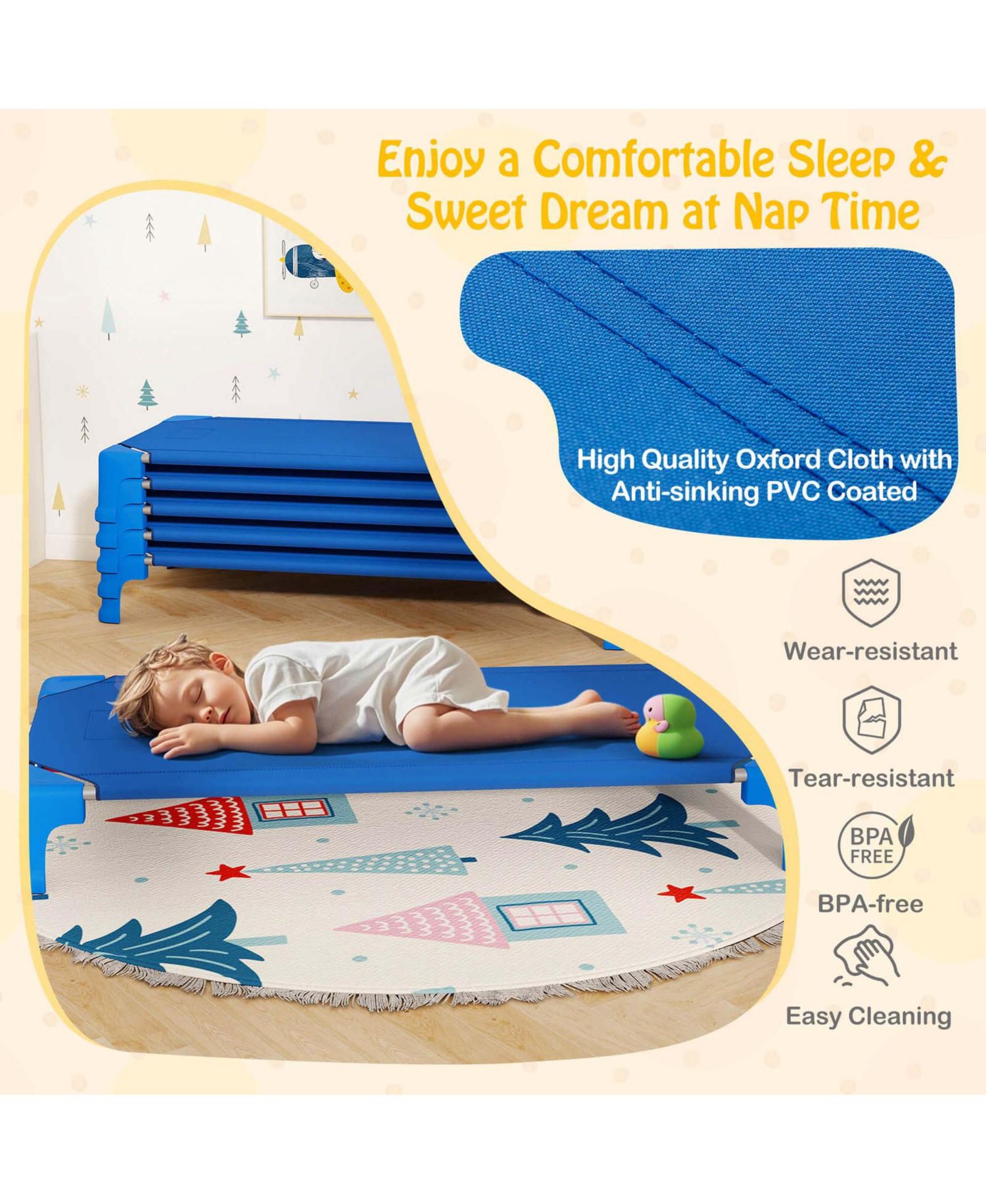 6 Pack Stackable Daycare Cots with Easy Lift Corners Heavy-Duty Metal