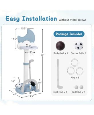 4-in-1 Toddlers Basketball Hoop with Basketball Soccer Golf and Ring Toss Game