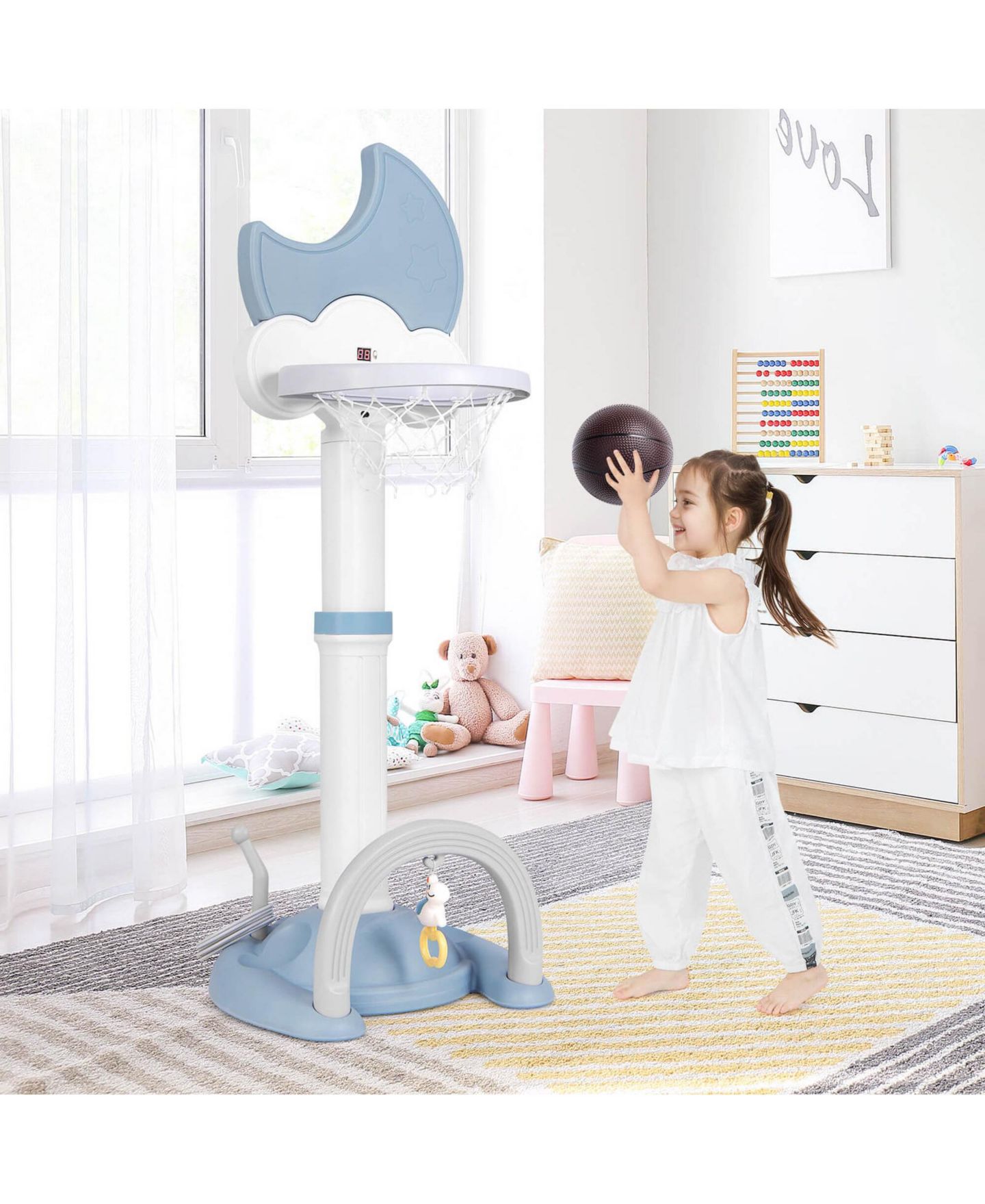 Детские игрушки Costway 4-in-1 Toddlers Basketball Hoop with Soccer Golf and Ring Toss Game, цвет: Синий — фото 11