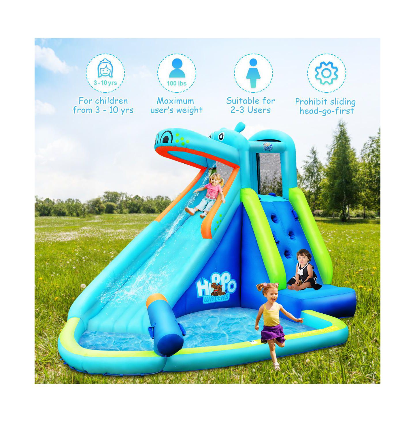 Детская игрушка Costway Inflatable Kids Hippo Bounce House Slide Climbing Wall Splash Pool w/, цвет: Синий — фото 5