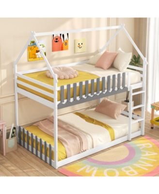 Twin Over Twin Bunk Bed with Fence and Ladder for Kids
