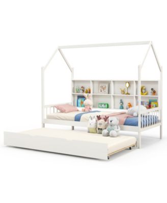 Twin Size Kids Montessori Daybed with Roof Design and Built-in Shelf Compartments