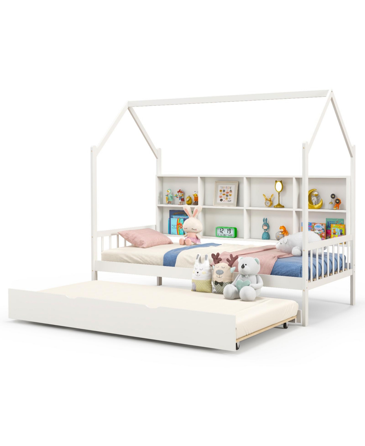 Twin Size Kids Montessori Daybed with Roof Design and Built-in Shelf Compartments