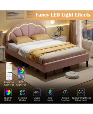 Queen Size Upholstered LED Bed Frame with Adjustable Flower Headboard and Metal Support Legs