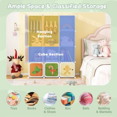 12-Cube Kids Wardrobe Baby Dresser Bedroom Armoire Clothes Hanging Closet with Doors
