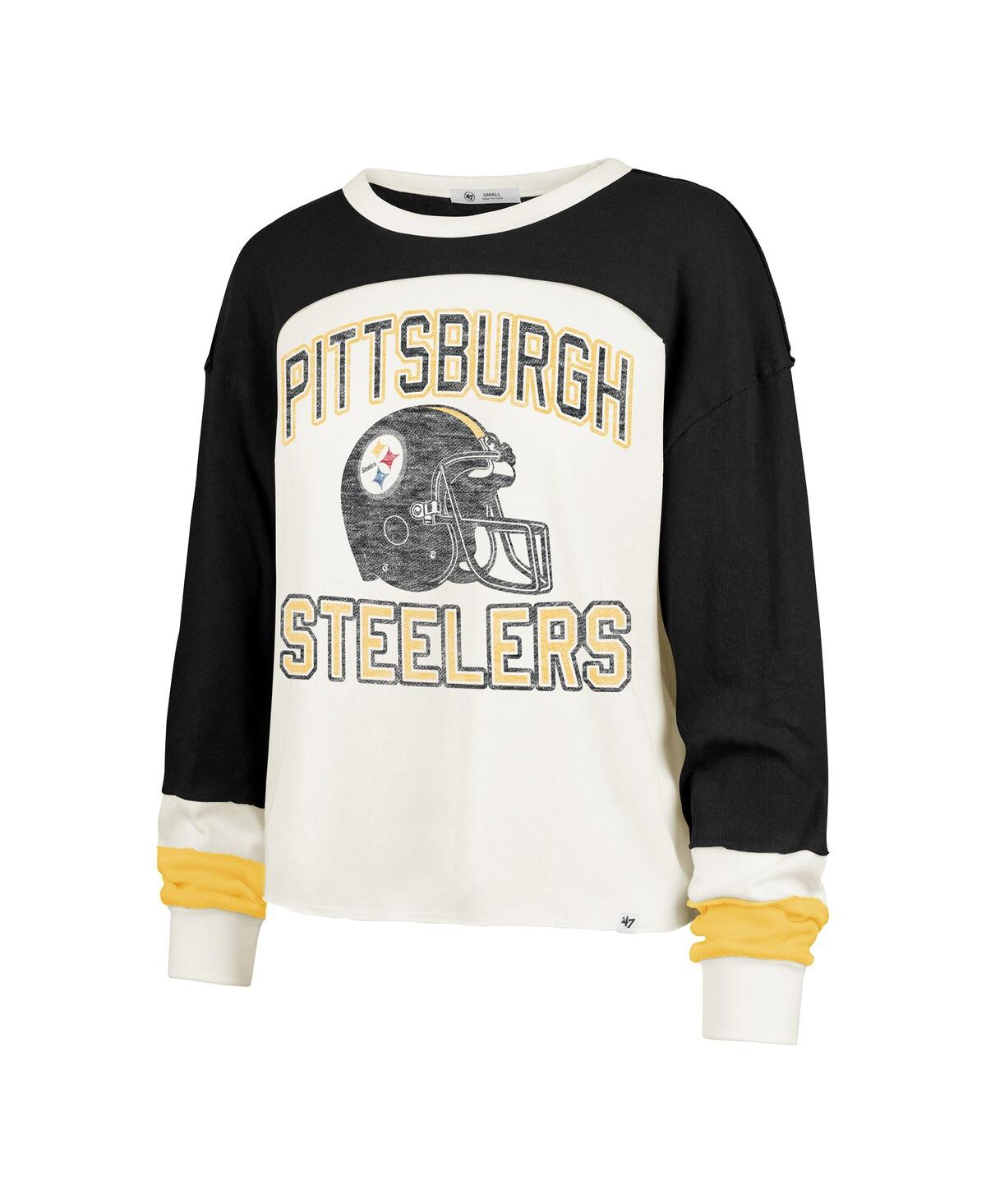 47 BRAND WOMEN'S CREAM PITTSBURGH STEELERS DOUBLE HEADER CURVE TONI LONG SLEEVE T-SHIRT 