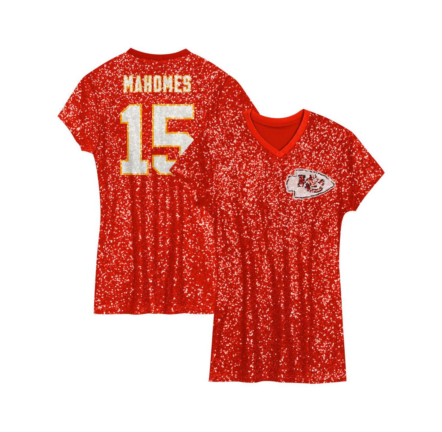 Big Girls Patrick Mahomes Red Kansas City Chiefs Sequin Player Name & Number V-Neck Dress