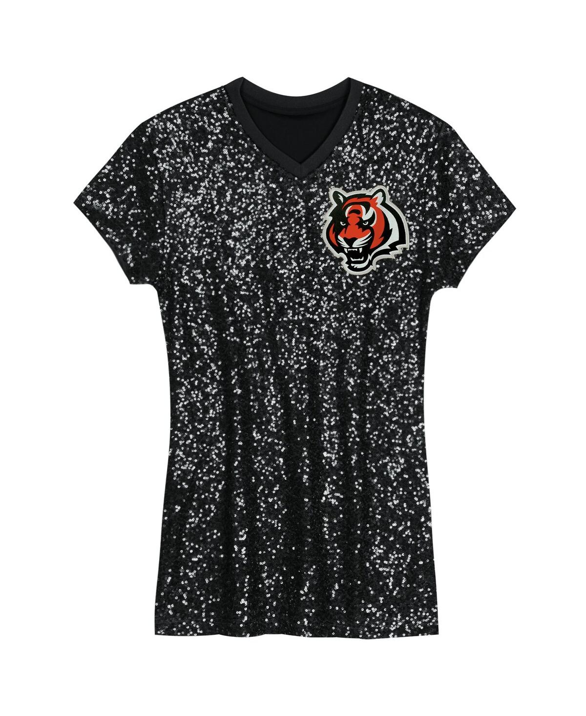 Outerstuff Big Girls Joe Burrow Black Cincinnati Bengals Sequin Player Name Number V-neck Dress In Black