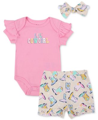 Baby Essentials - Baby Girls 3-Pc. Lil Cowgirl Bodysuit, Shorts, & Headband Set