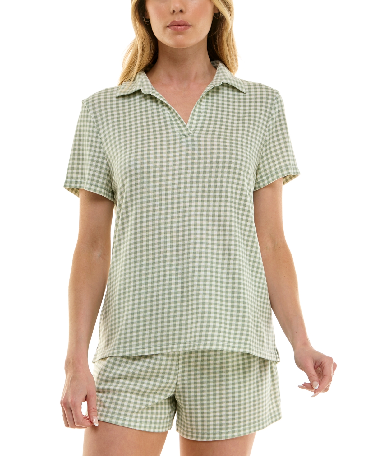 Roudelain Women's Short-sleeve Gingham Henley Pajama Set In Jenn Gingham Lily Pad
