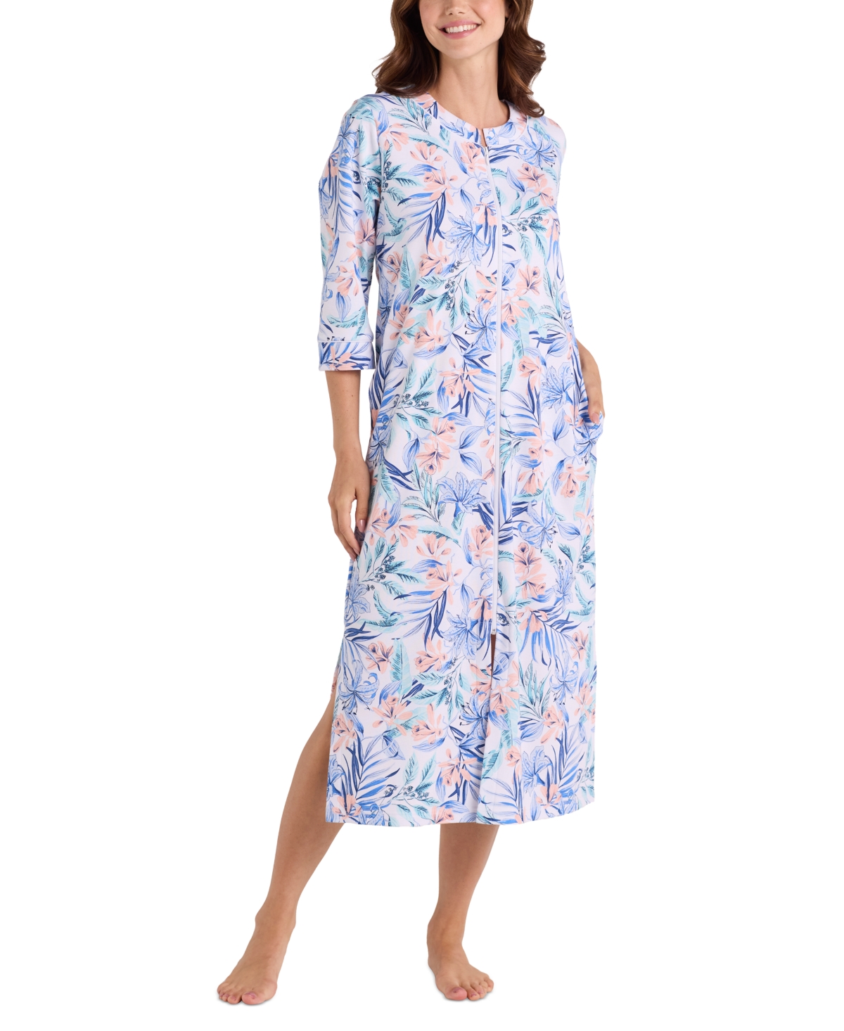 Miss Elaine Women's Long-sleeve Printed Long Zip Robe In Multi Trop Palm Floral