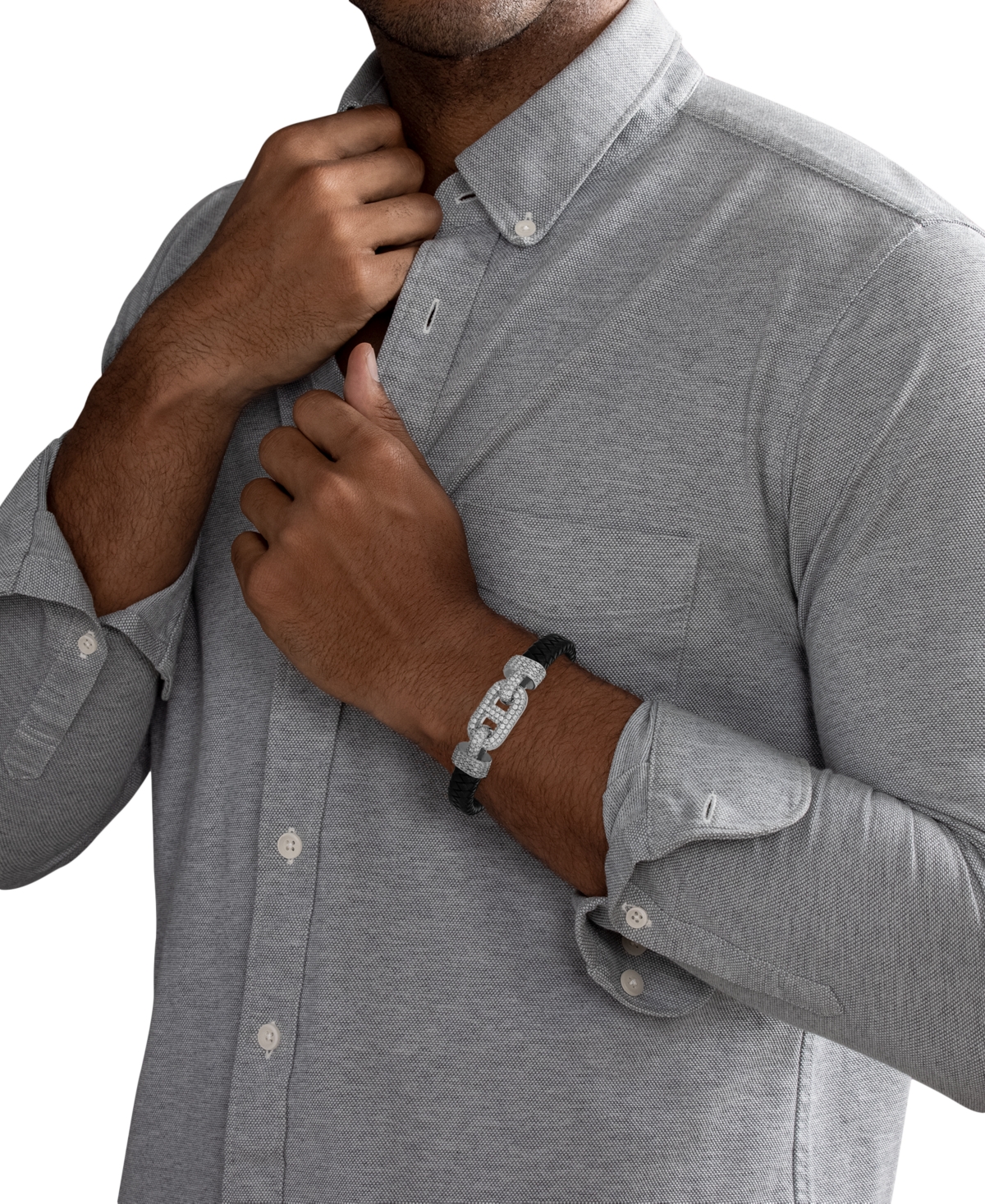 ESQUIRE MEN'S JEWELRY CUBIC ZIRCONIA & BRAIDED BLACK LEATHER BRACELET IN STERLING SILVER, EXCLUSIVELY AT MACY'S 