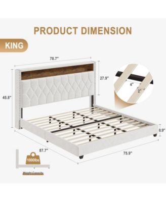King Size Bed Frame with LED Lights and Charging Station, Velvet Upholstered Platform Bed Frame with Storage Headboard and Nailhead Trim Wingback, No Box Spring Needed/Wood Slats