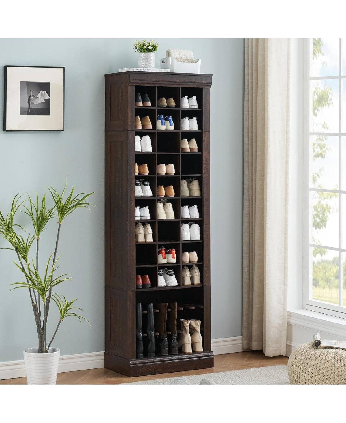 10-Tier Shoe Storage Cabinet, Shoe Rack with 27 Shoe Cubbies and Tall Boots Storage, Freestanding Tall Shoe Organizer for Closet, Entryway, Liv