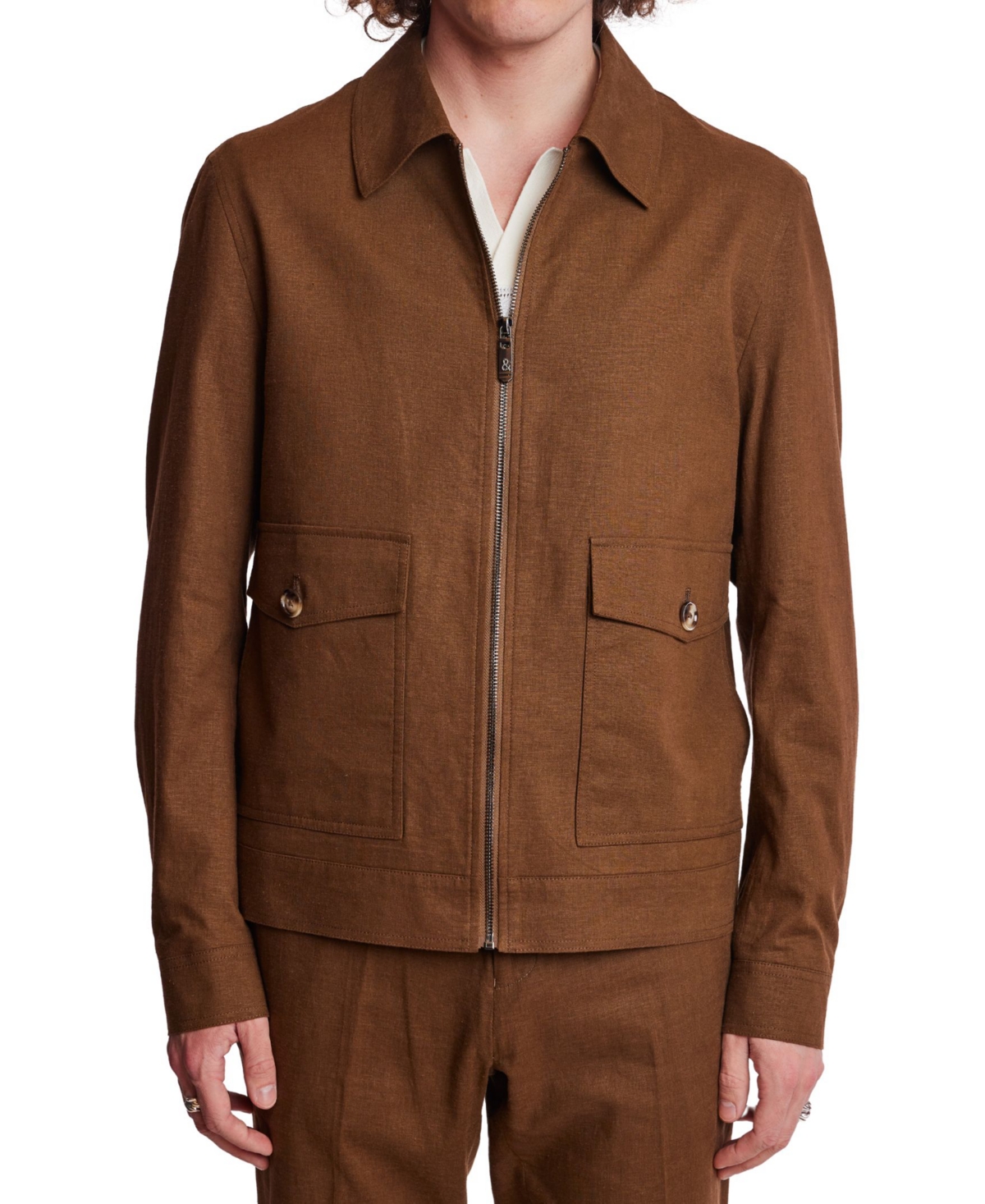 Men's Zip-Front Bomber Jacket - Brown Linen