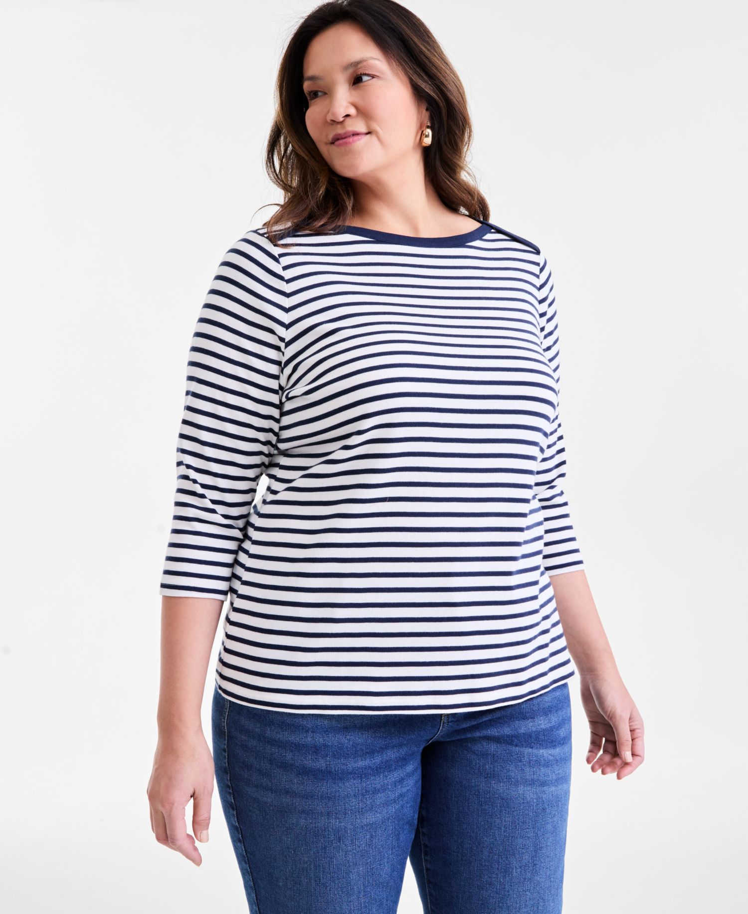 Plus Size Stripe 3/4 Sleeve Boat-Neck Top