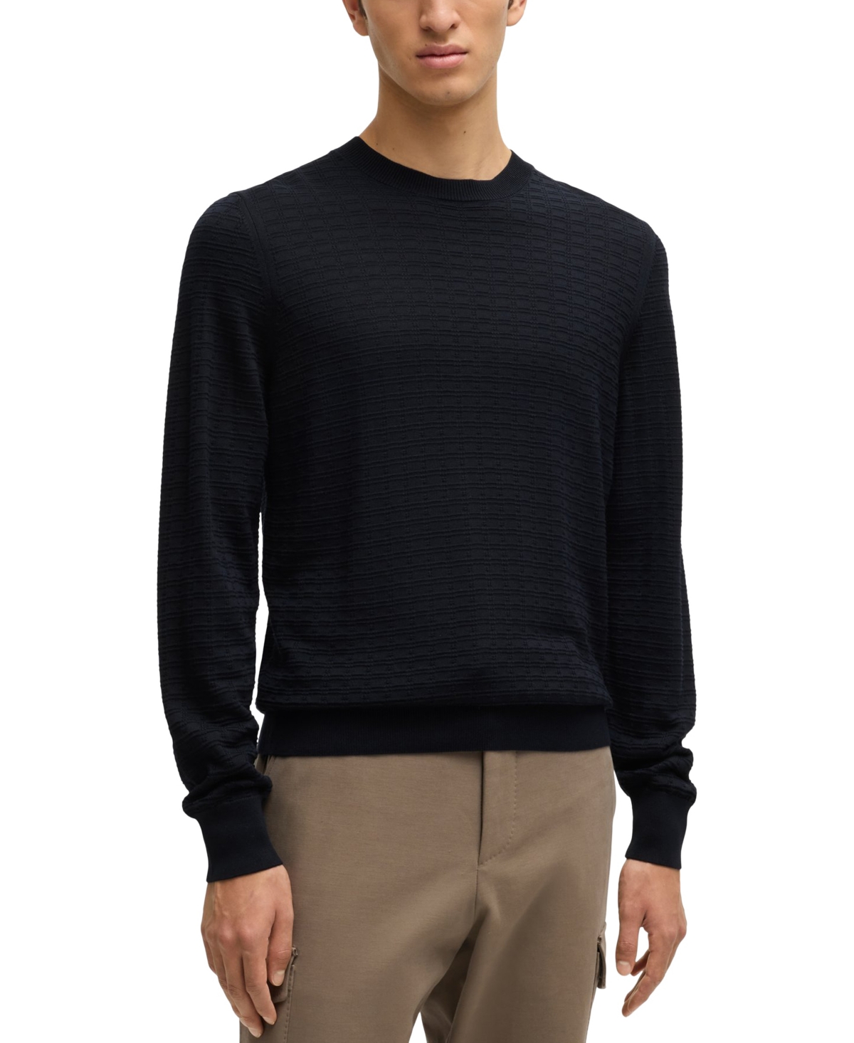 Hugo Boss Boss By  Men's Silk Regular-fit Knit Structure Sweater In Dark Blue