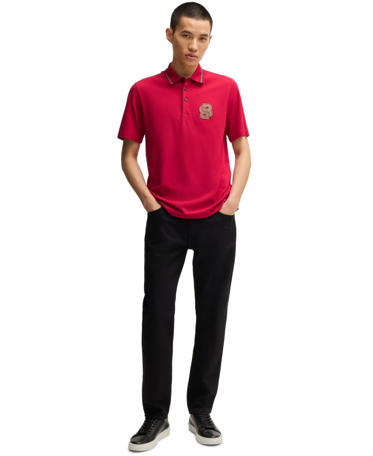 Hugo Boss Mercerised-cotton Polo Shirt With Double B Monogram In Bright Red