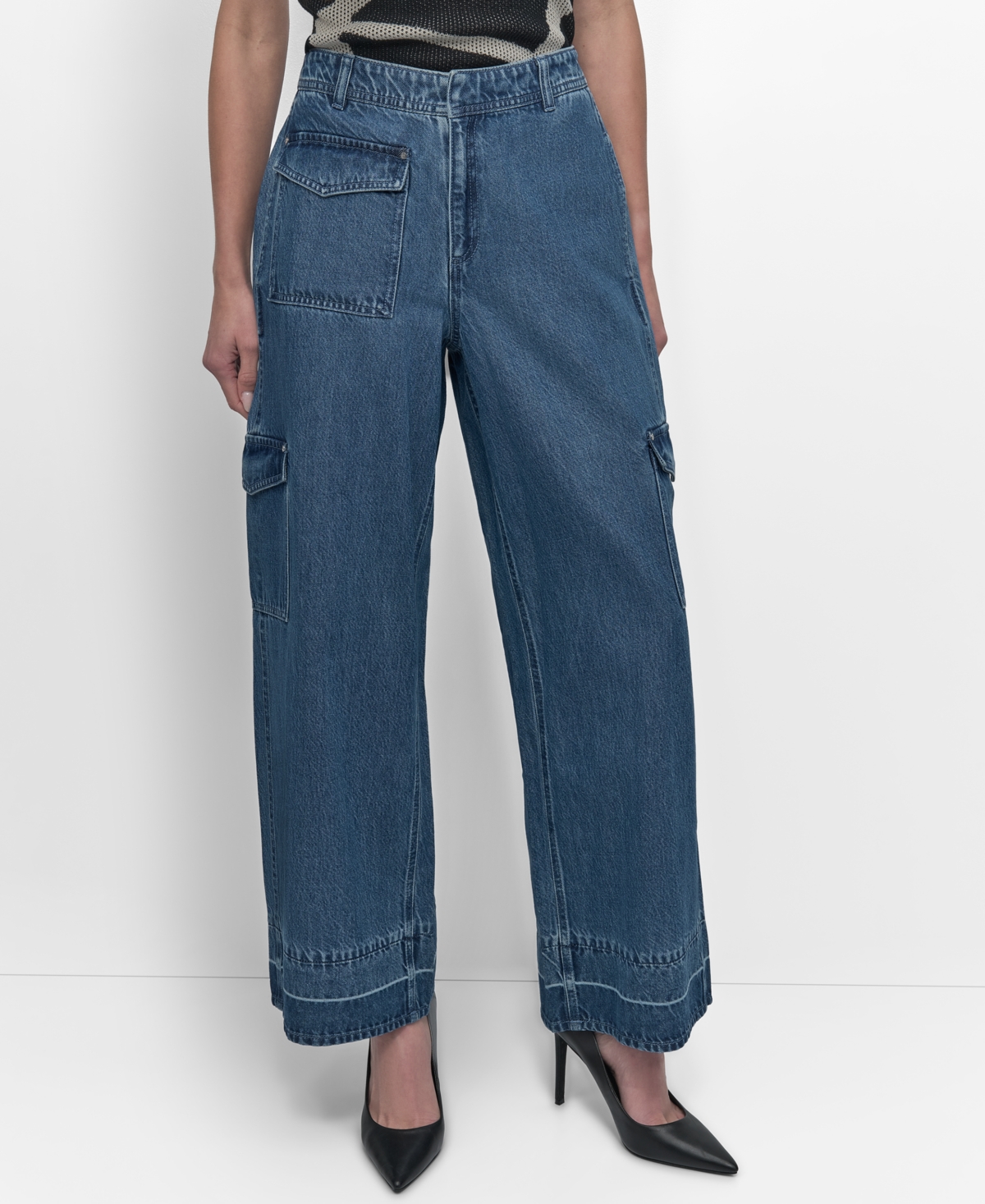 Shop Dkny Women's Release-hem Wide-leg Cargo Jeans In Mercer Wash