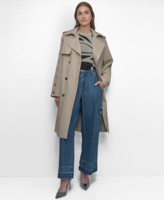 Womens Belted Grommet Sleeve Trench Coat Release Hem Wide Leg Cargo Jeans Crewneck Sleeveless Sweater