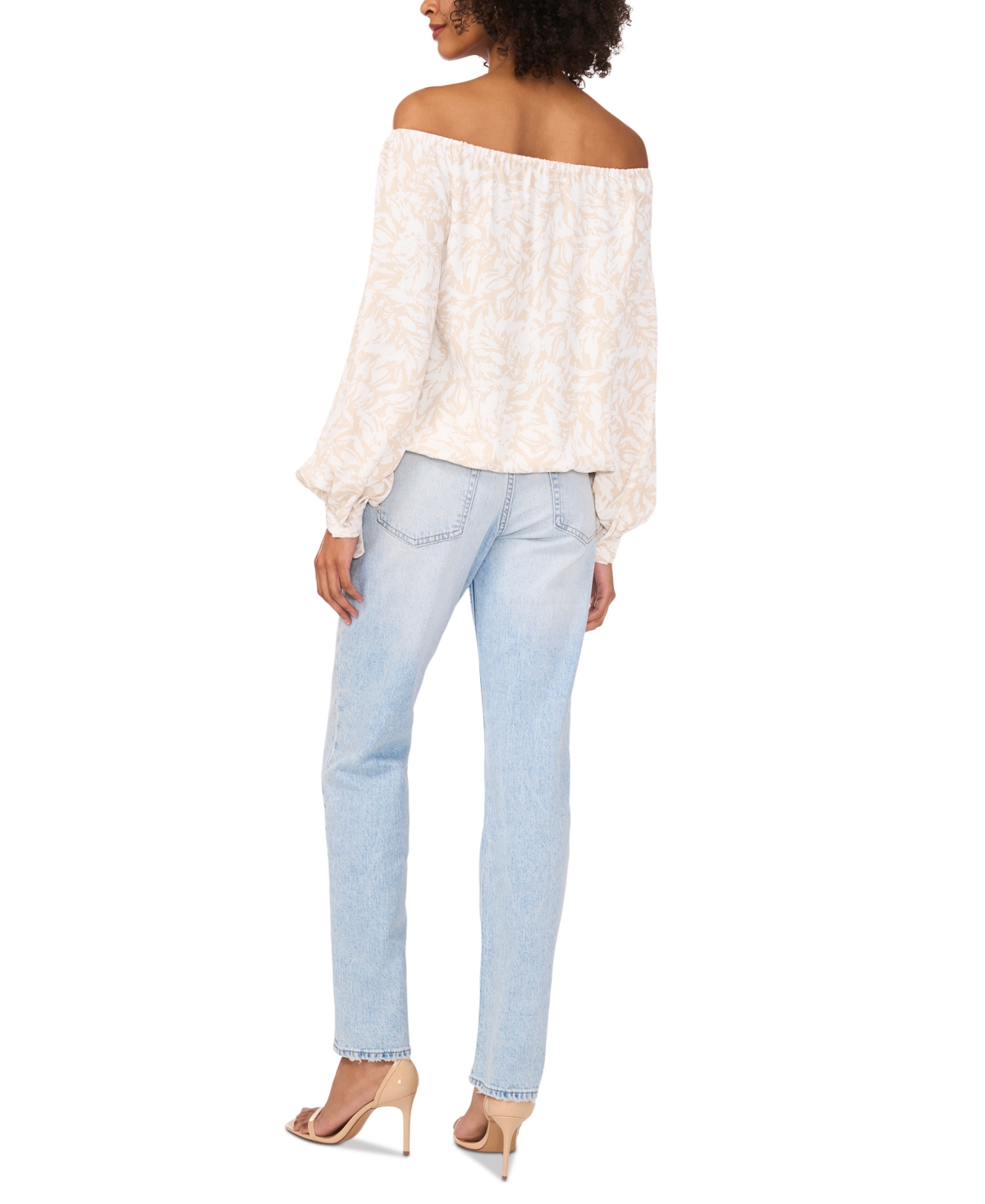 Shop Vince Camuto Women's Printed Off-the-shoulder Long-sleeve Tie-front Blouse In Natural Sand
