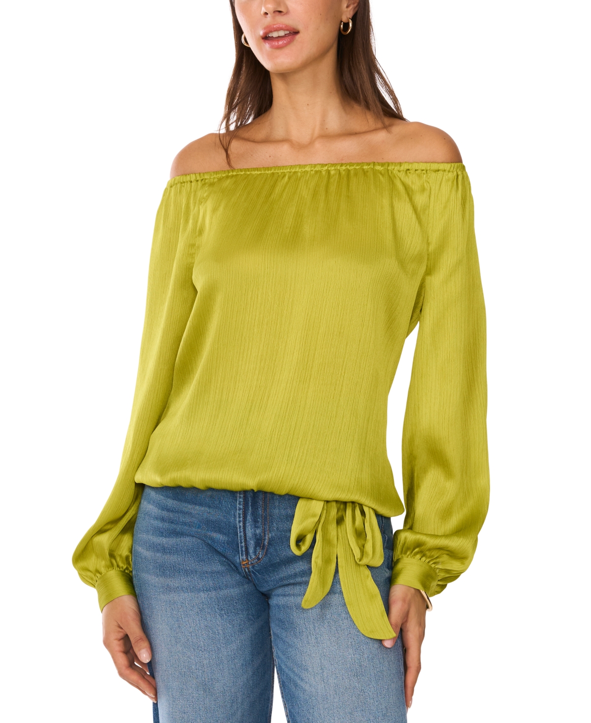 VINCE CAMUTO WOMEN'S SATIN OFF-THE-SHOULDER LONG-SLEEVE TIE-FRONT BLOUSE 