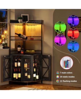 Corner Bar Cabinet with Charge Oult, 5-Tiers Wine Cabinet with LED Light and Glass Holder, Tall Home Liquor Cabinet for Living Room, Corner Display Cabinet for Home