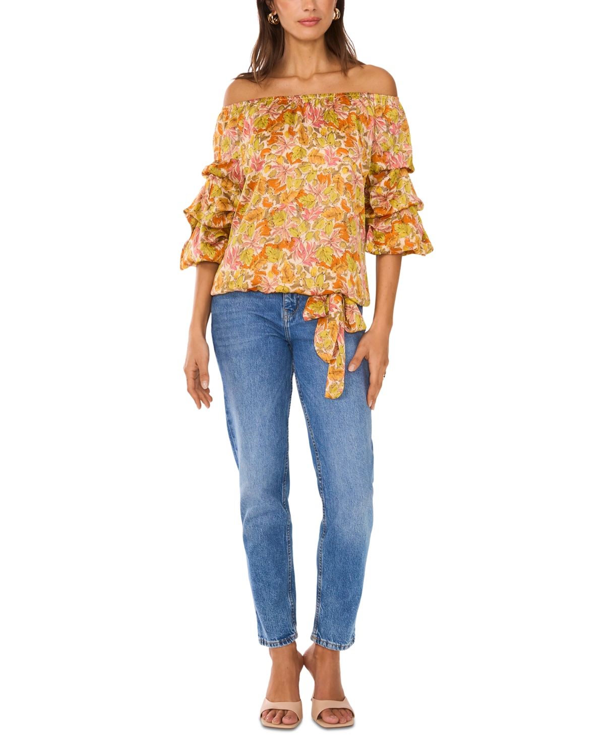 Shop Vince Camuto Women's Printed Off-the-shoulder Bubble 3/4-sleeve Tie-front Blouse In Crushed Orange