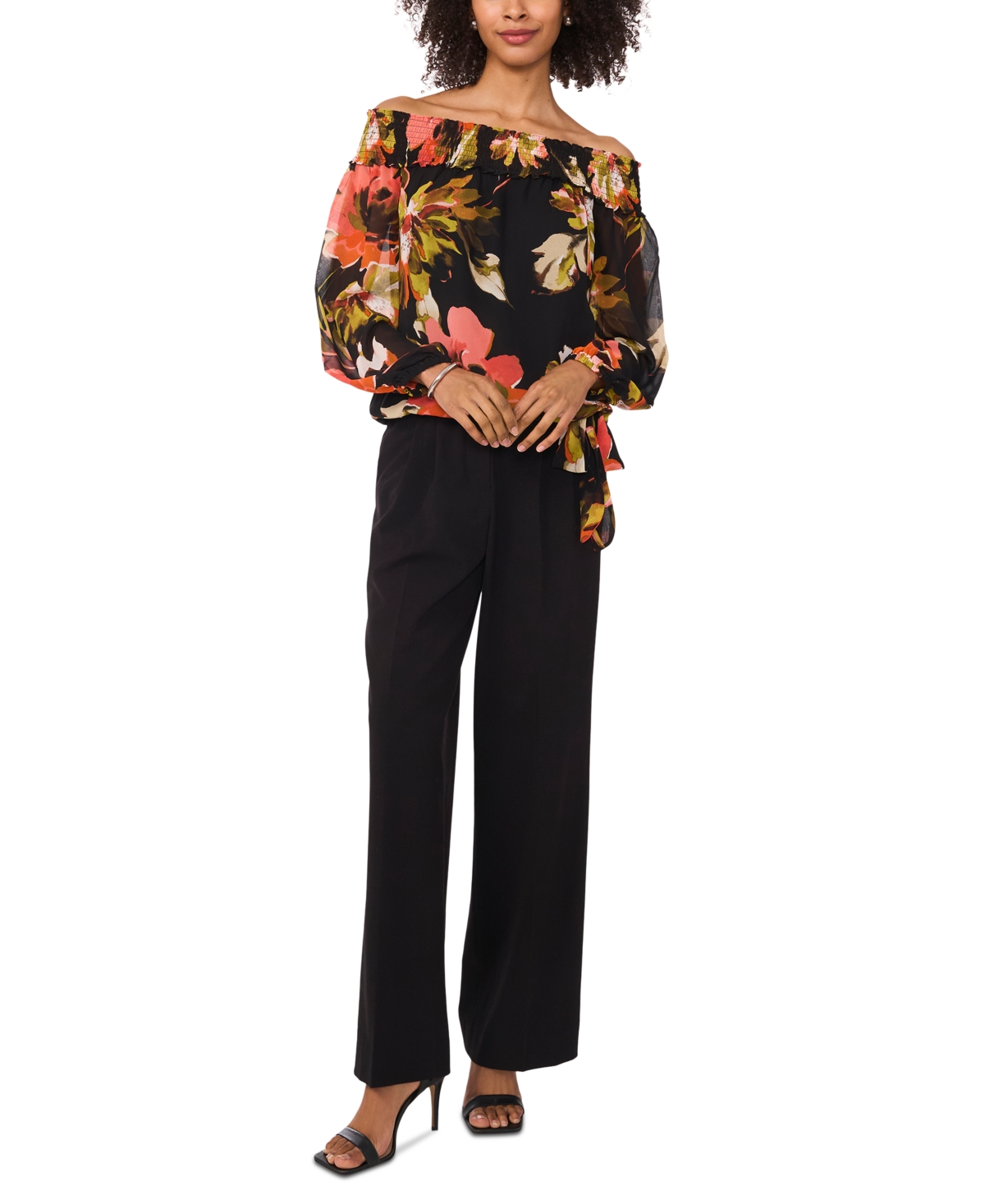 VINCE CAMUTO WOMEN'S FLORAL OFF-THE-SHOULDER LONG-SLEEVE TIE-FRONT BLOUSE 