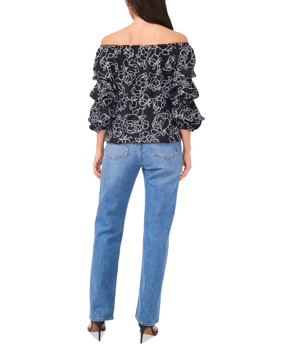VINCE CAMUTO WOMEN'S FLORAL OFF-THE-SHOULDER BUBBLE 3/4-SLEEVE TIE-FRONT BLOUSE 