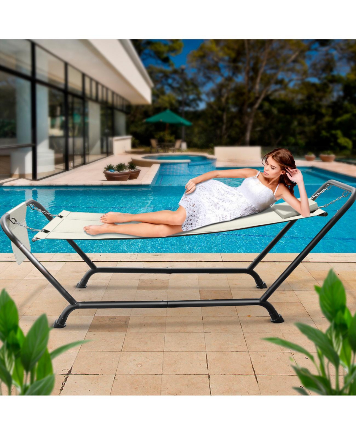 Sorbus Cozy Hammock Bed- Patio Hammock with Stand w/Pillow and Storage Pockets - For Patio, Garden, Backyard, Poolside