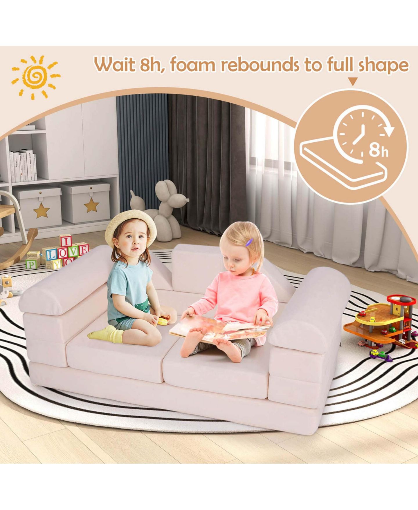 Детский конструктор Costway Kids Modular Play Couch 9-Piece Building Set, Ages 3+, цвет: Бежевый — фото 8