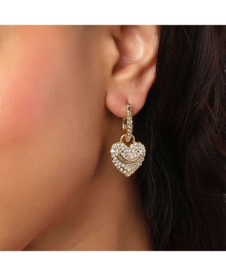 Gold-Tone Heart Charm Hoop Earrings with Crystal Accents