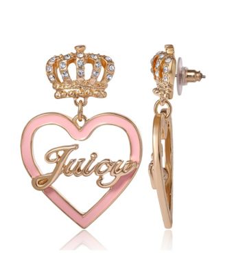 Gold-Tone Crown & Pink Heart Drop Earrings