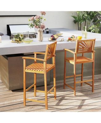 Set of 4 Outdoor Acacia Wood Bar Stools Bar Height Patio Chairs w/ Backrests