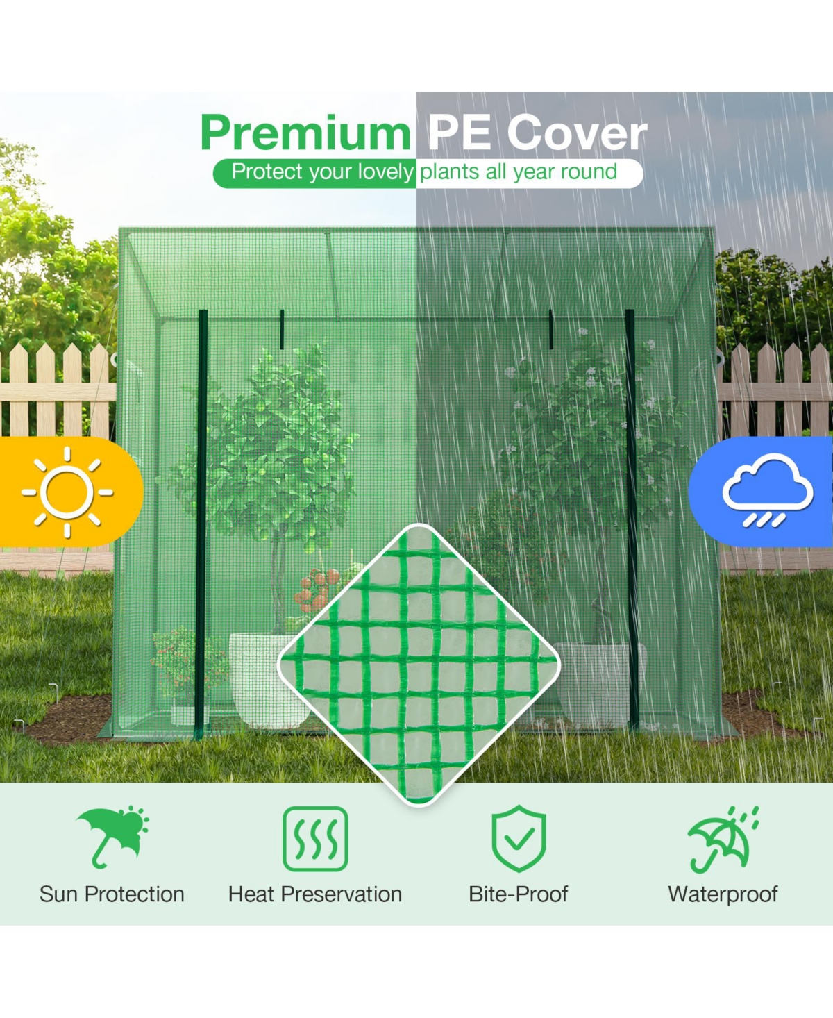 Outdoor Portable Walk-in Greenhouse with Pe Cover Heavy-Duty Metal Frame Roll-up Zipper Door