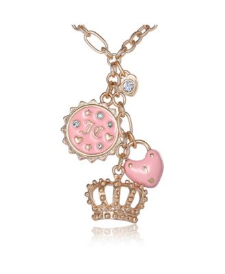 Gold-Tone Layered Charm Necklace with Pink Enamel Accents