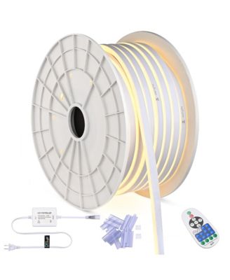 100FT Warm White Neon Rope Lights with Remote Control AC 110V IP65 Waterproof Cuttable Dimmable Flexible DIY DEL-D100W