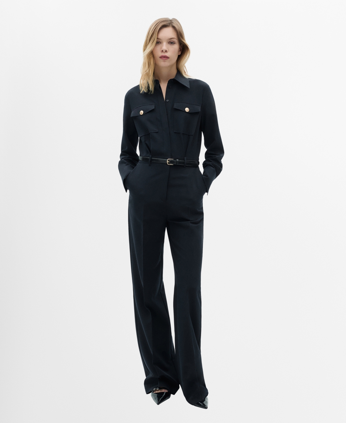 Shop Mango Women's Belted Straight Jumpsuit In Dark Navy