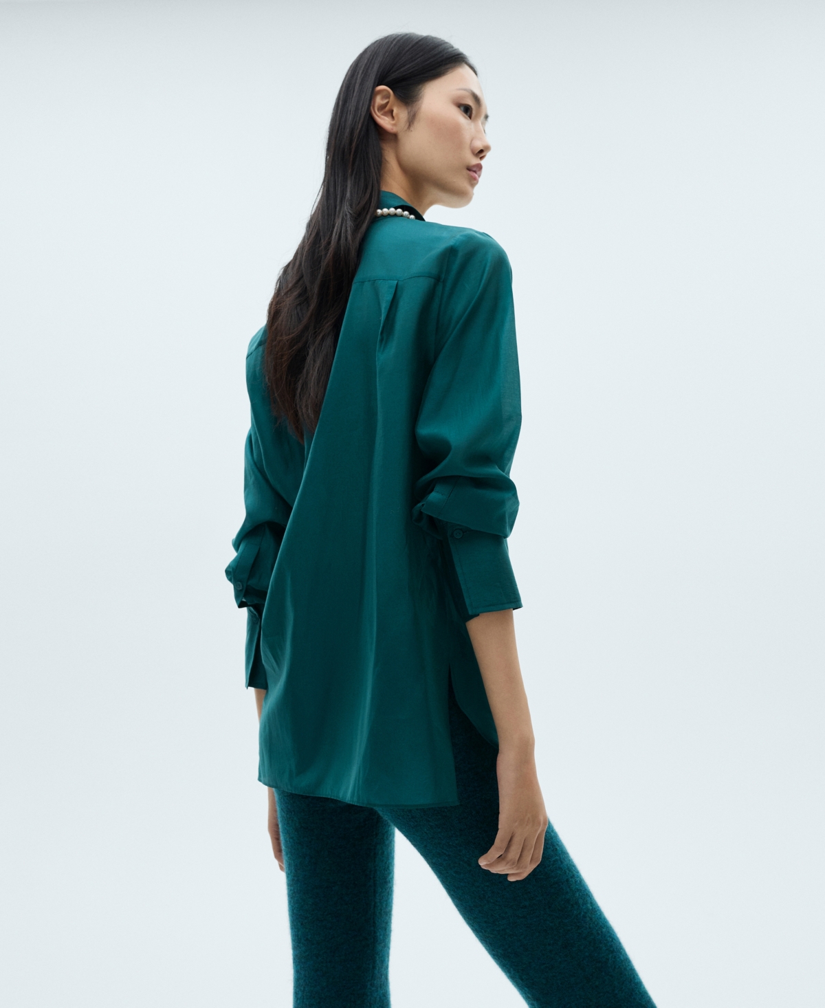 Mango Satin Shirt With Hidden Buttons Medium Brown In Teal