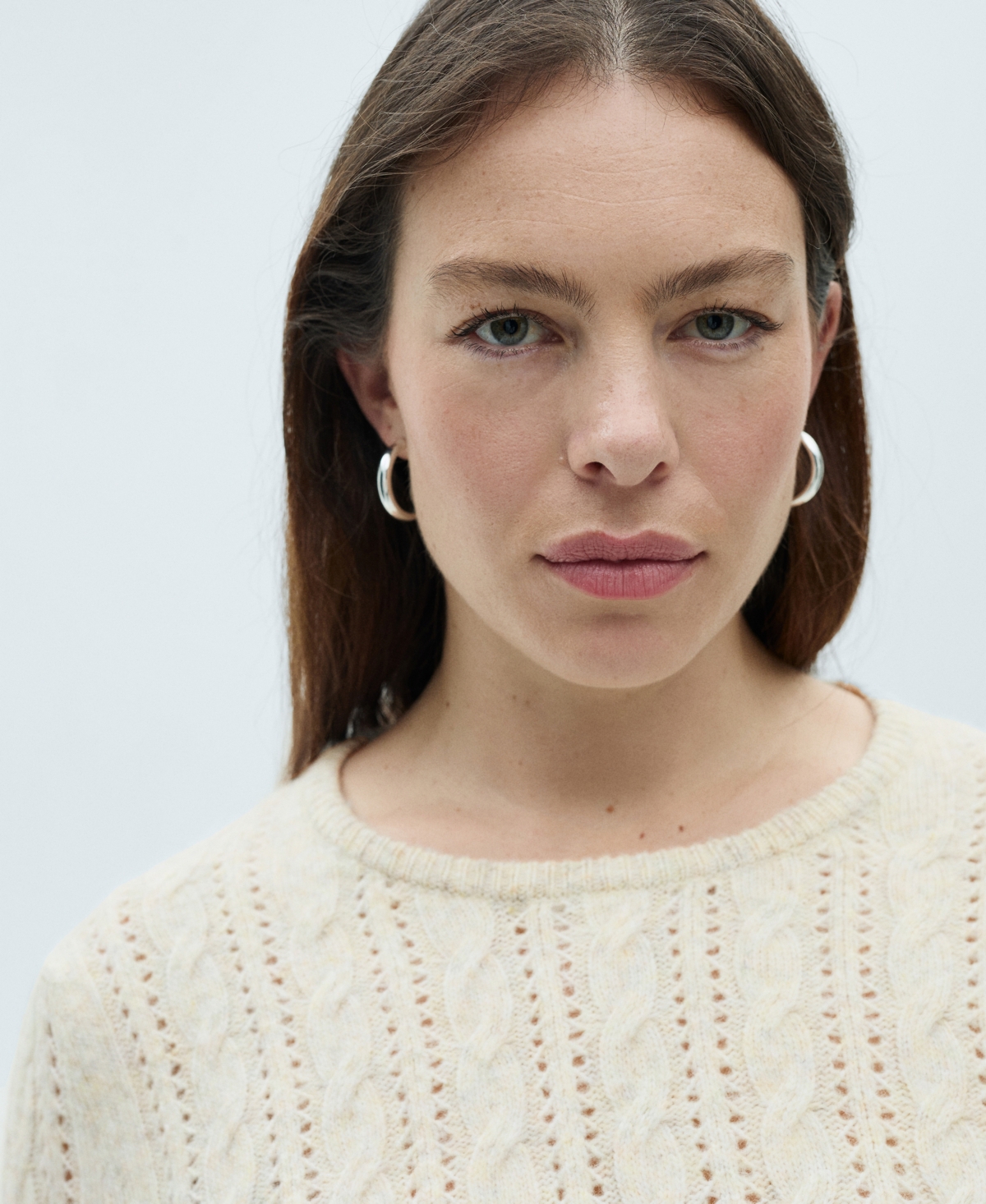 Mango Cable Knit Openwork Sweater In Ecru