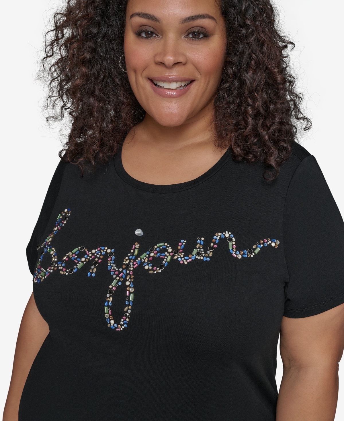 Karl Lagerfeld Plus Size Embellished Bonjour T-shirt In Black